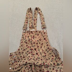 Corduroy tan and pink floral overalls